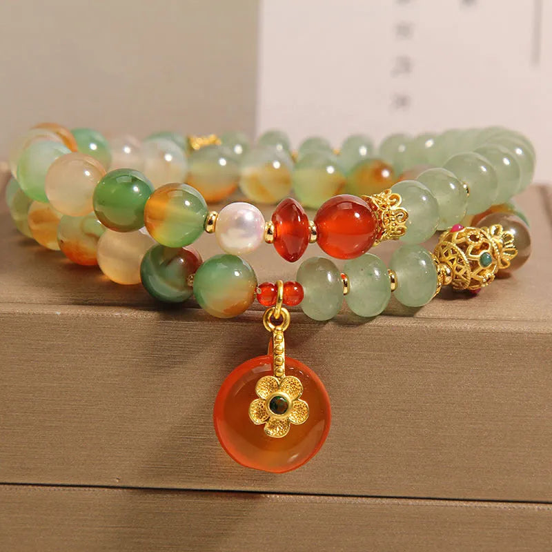 Peacock green agate double ring bracelet with safety buckle pendant and rhinestone detailing