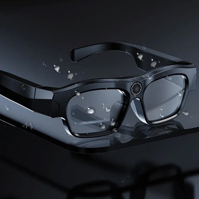 Black head-mounted smart Bluetooth glasses for video recording on a stand