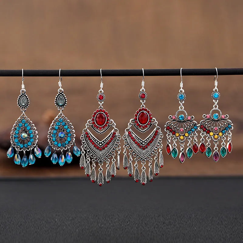 Smart water drop purple retro fringe earrings with crystal detail and ethnic styling