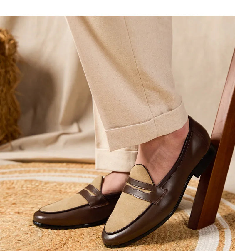 Coffee grey men's suede loafers with high-gloss finish and rubber sole on a plain background.