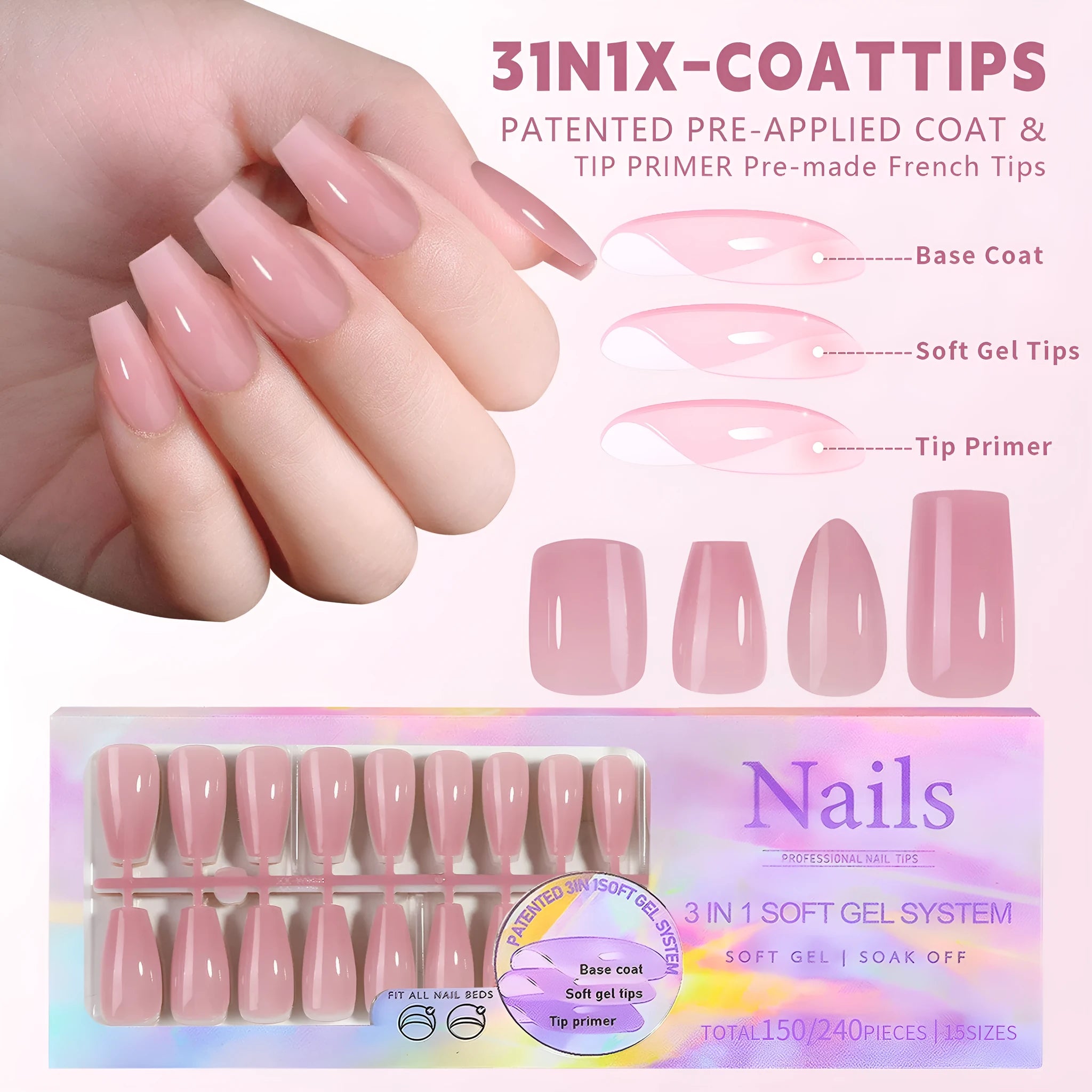 Box of nude seamless removable nail stickers showing eight different colour variations.