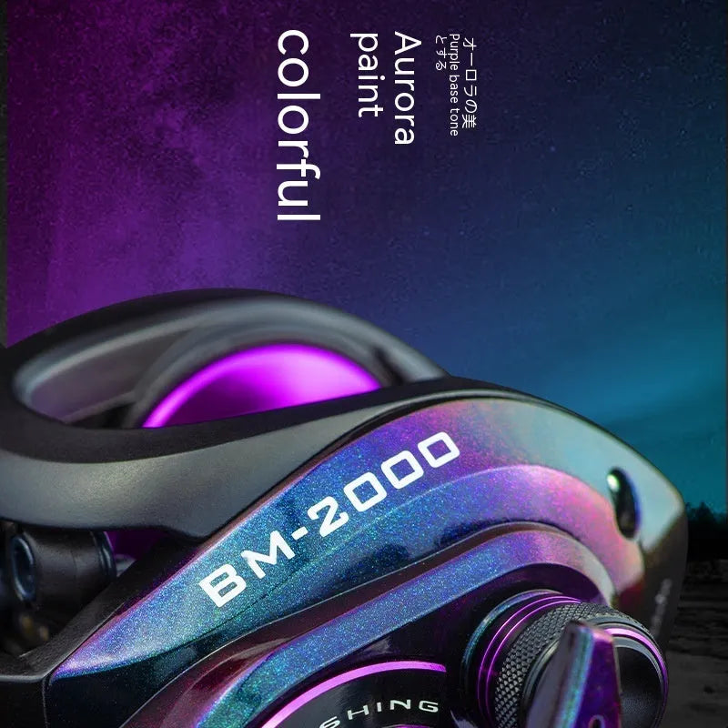 BM2000 model fishing reel with a water drop-shaped spool and magnetic brake system.