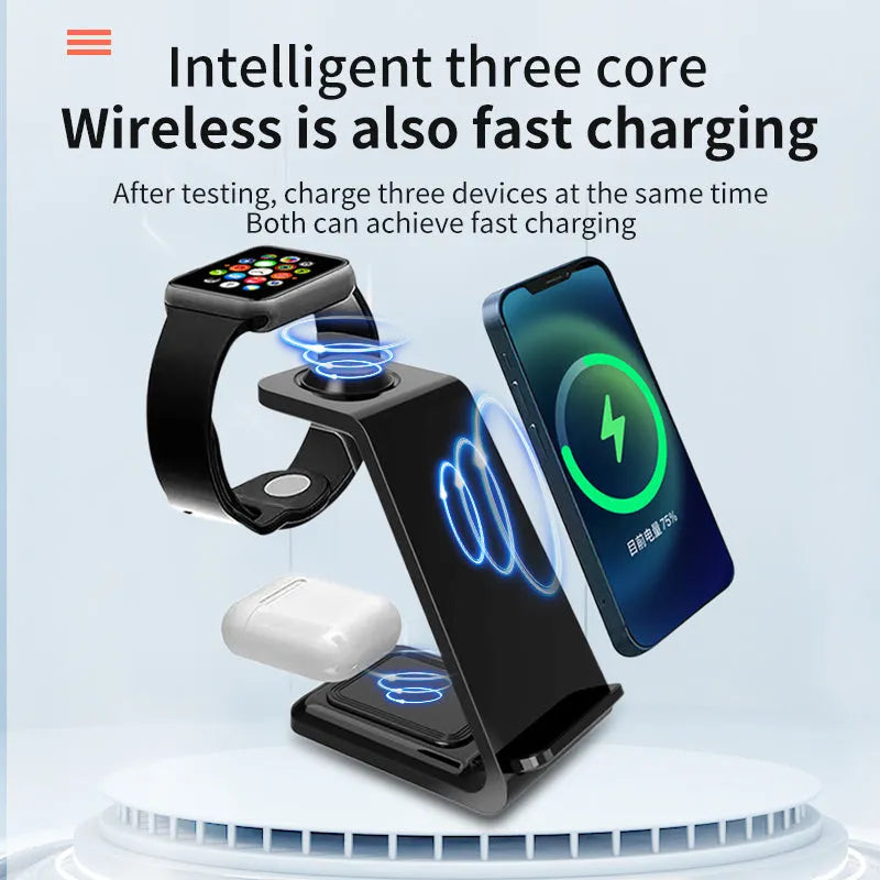 Black 3-in-1 upright wireless charging stand holding a mobile phone vertically on a desk.