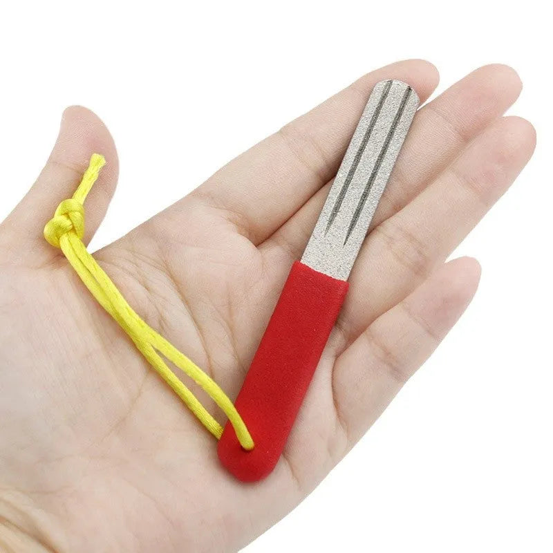Diamond fishing hook file portable sharpening tool in red, black, black green, and black blue colours
