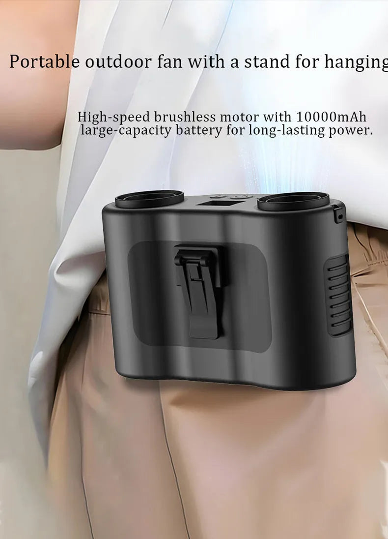 Black mini waist-hung portable fan with neck lanyard and waist buckle, showing turbine blades.