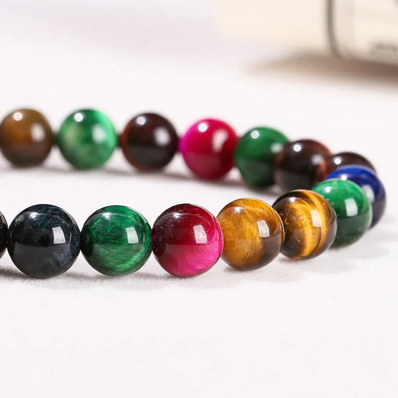 Colourful Tiger Eye stone bracelet with round beads in mixed string design