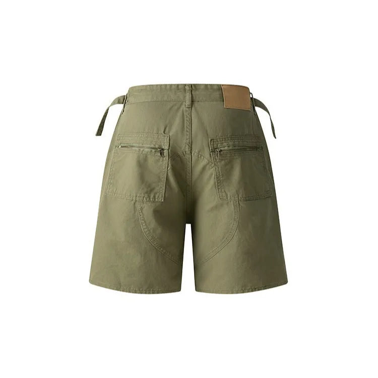 Retro-style washed cotton work shorts in loose fit shown in grey, green, camouflage and blue colour options.