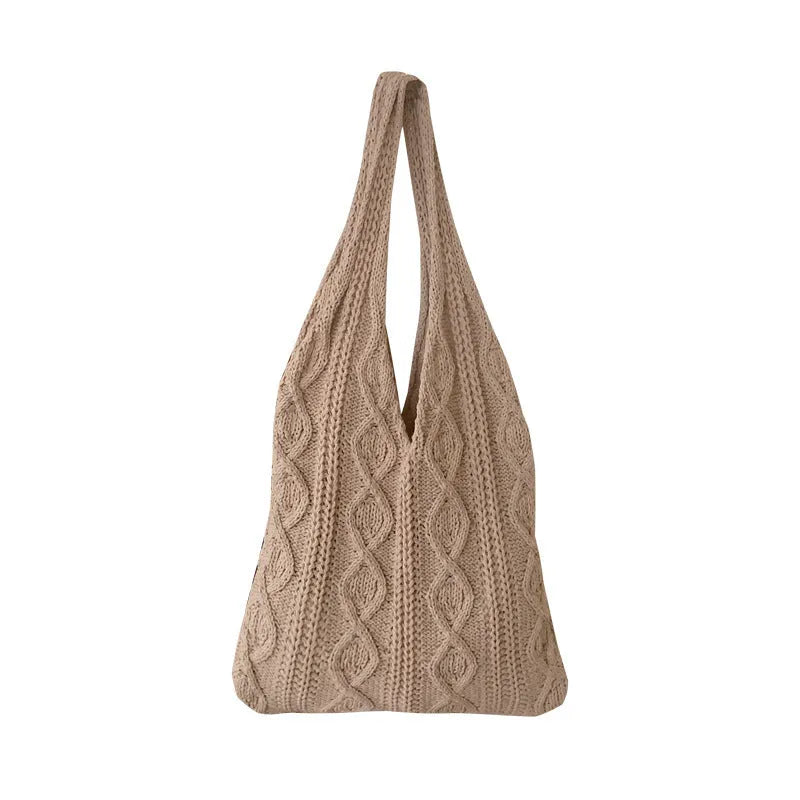 Retro hollow knitted women's shoulder tote bag in a solid colour with double straps.