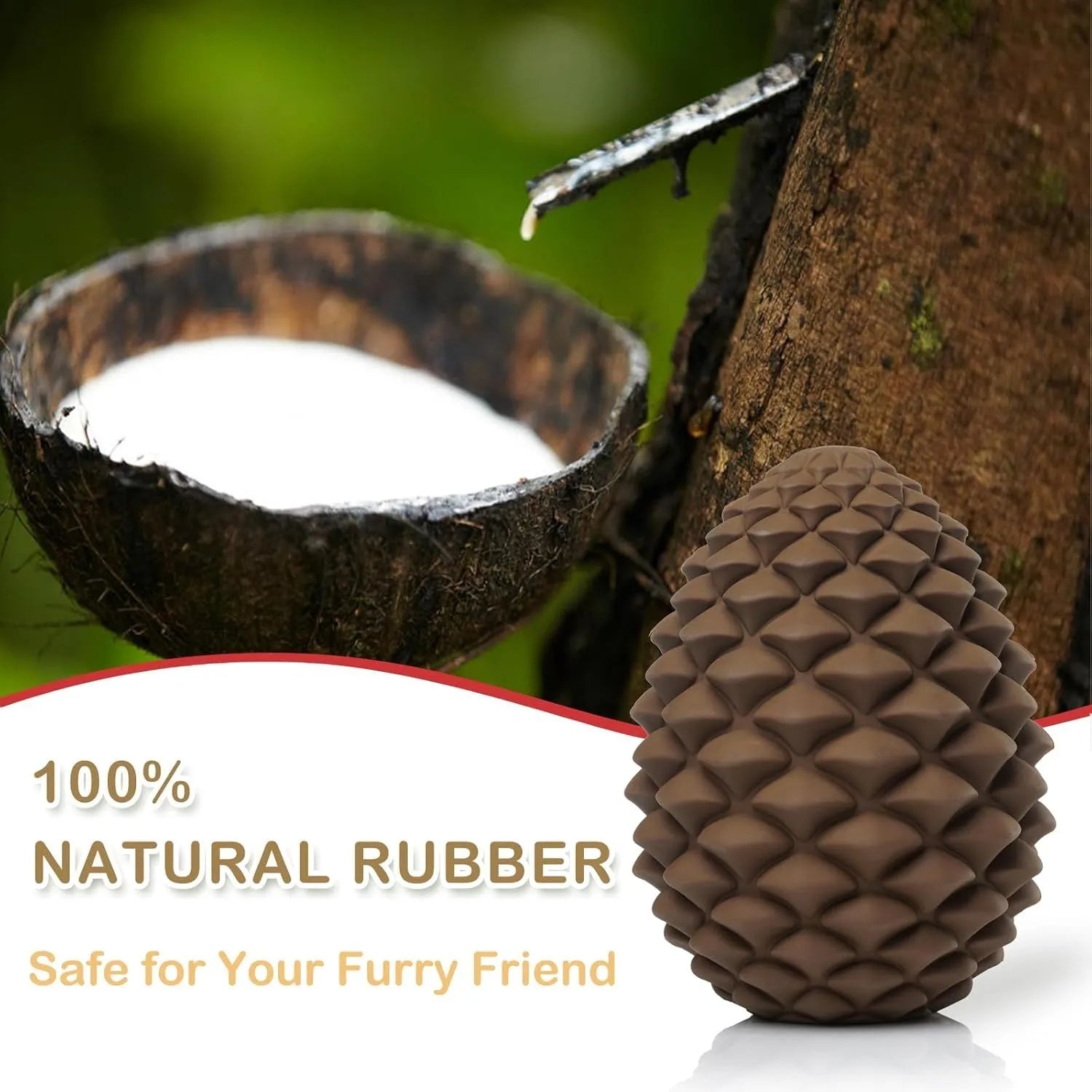 Yellow natural rubber pine cone-shaped dog toy with textured surface and treat dispenser hole.