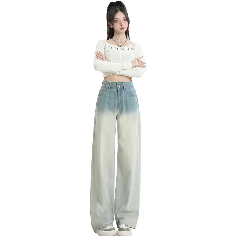 Women's gradient blue cotton denim straight-leg wide-leg trousers laid flat