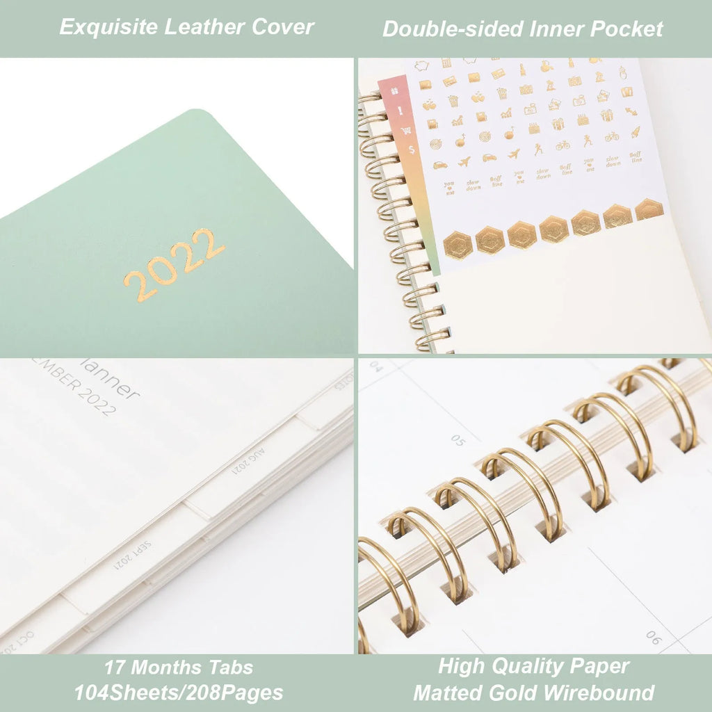 Blue or green PU leather student planner with weekly calendar pages and interior pockets