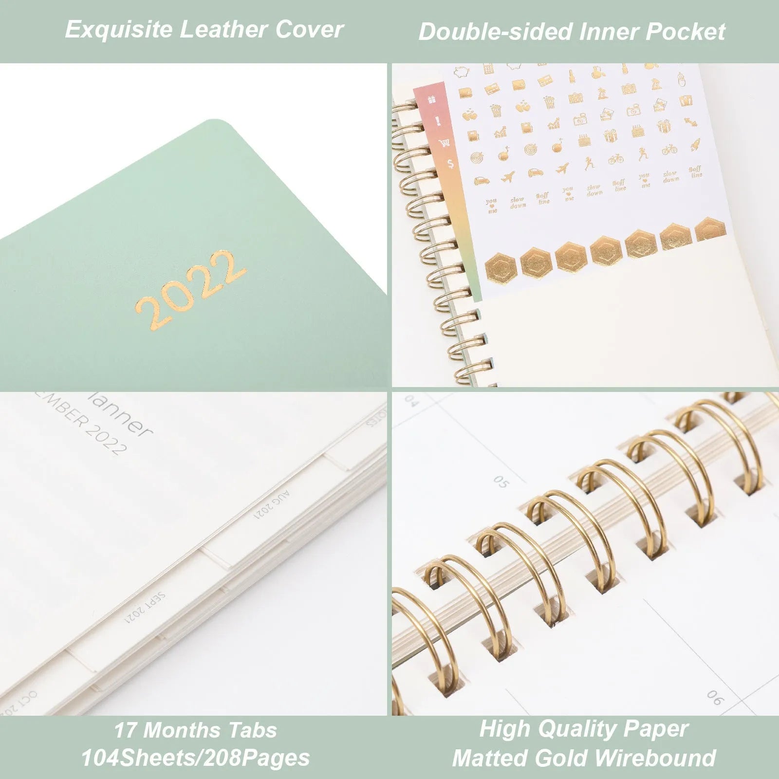 Blue or green PU leather student planner with weekly calendar pages and interior pockets