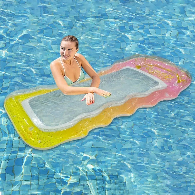 PVC thick sequins wave inflatable floating row pool lounge with canopy in gradient colours