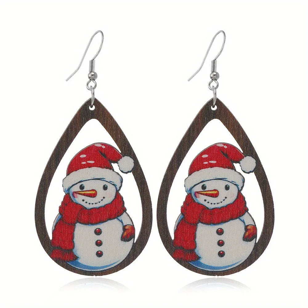 Wooden Christmas earrings with printed Christmas Tree and Water Drop Christmas Snowman designs