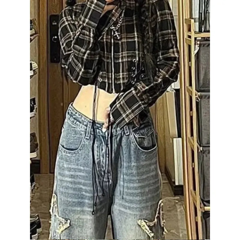 Blue high-waisted women's jeans with wide-leg straight cut in cotton denim fabric