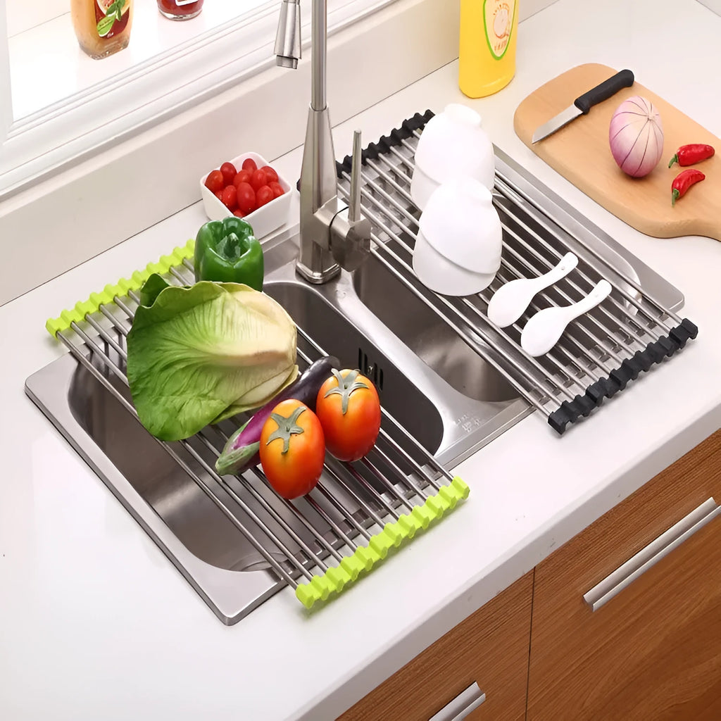 Foldable stainless steel kitchen drain rack with coloured plastic tubes for drying utensils