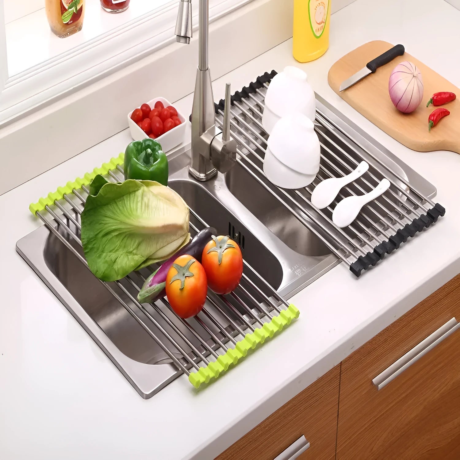 Foldable stainless steel kitchen drain rack with coloured plastic tubes for drying utensils