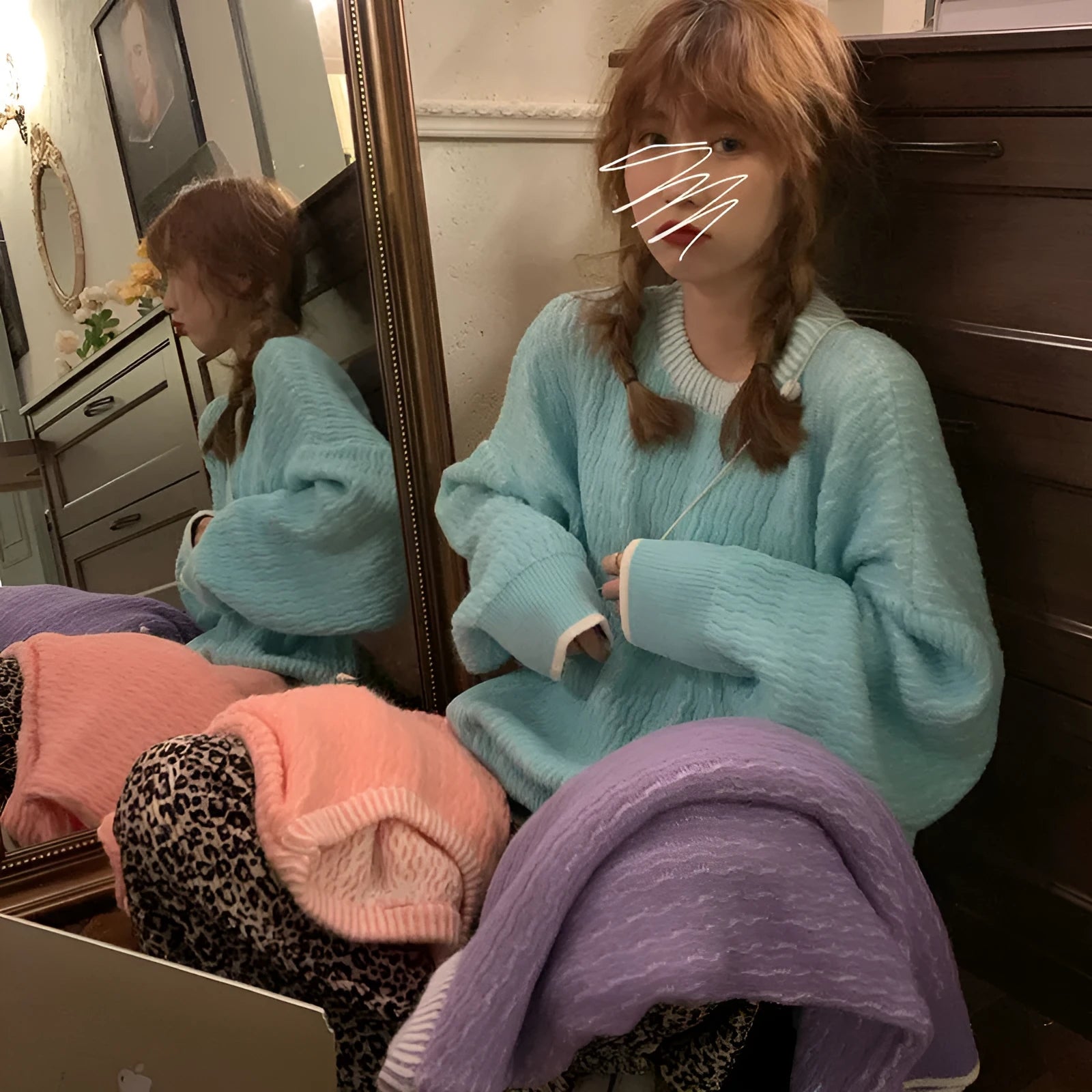 Women's loose retro pullover sweater in lake blue, shown in a relaxed fit