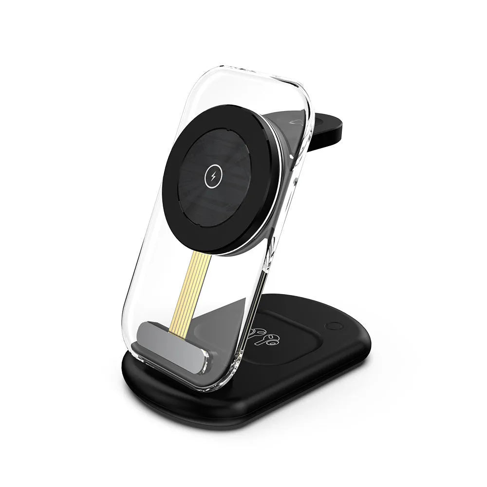 Transparent folding three-in-one magnetic wireless charger in black on a white background.