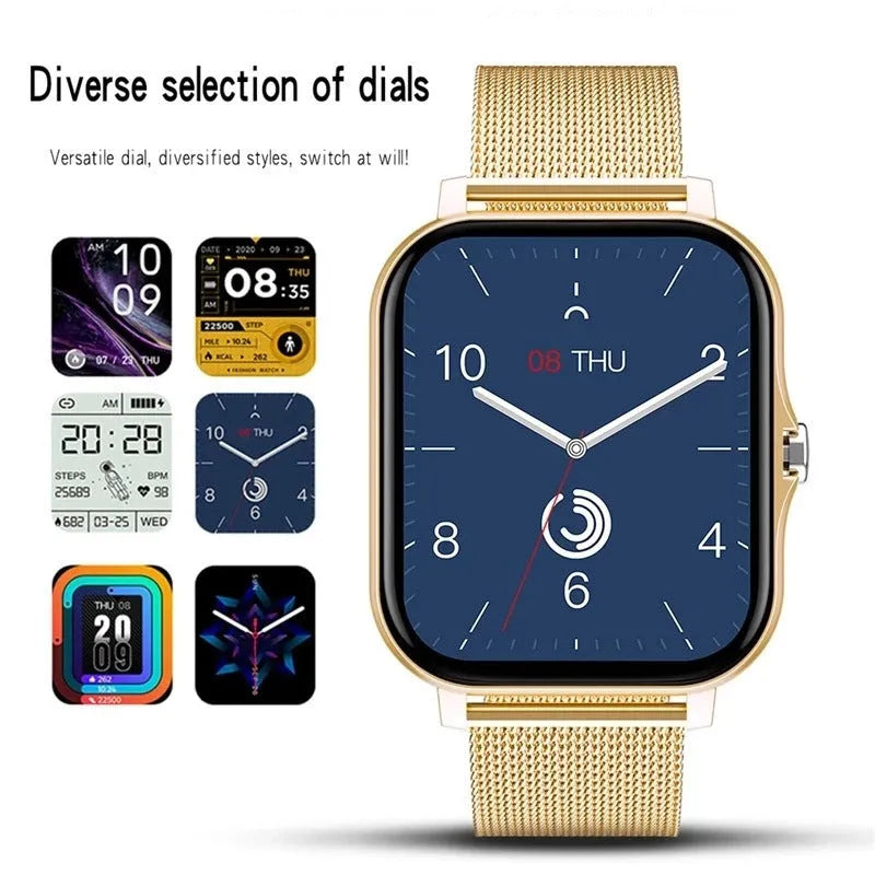 Magnetic Charging Smartwatch Sports Model with aluminium alloy watchcase in silver steel finish on wrist showing Bluetooth calling and touch operation