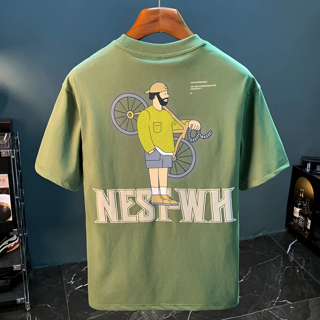Green men's loose fit t-shirt with a printed design and short sleeves.
