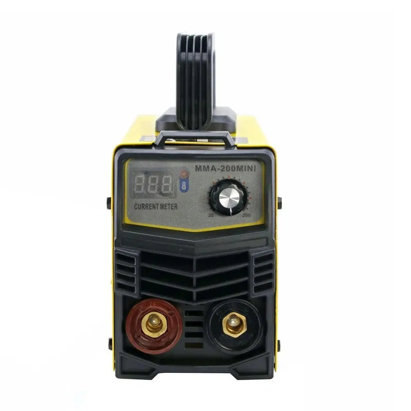 MMA-200MIN 220V DC inverter welding machine with welding tongs, clamp, face shield, and brush hanger.
