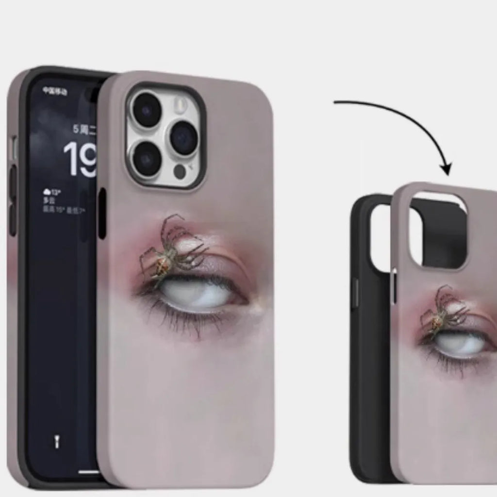 Dark heterochromatic spider pattern protective resin case for iPhone 15 Pro Max on a phone