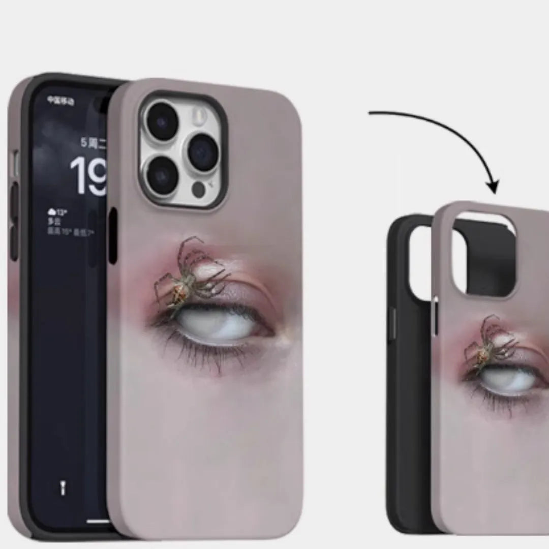 Dark heterochromatic spider pattern protective resin case for iPhone 15 Pro Max on a phone