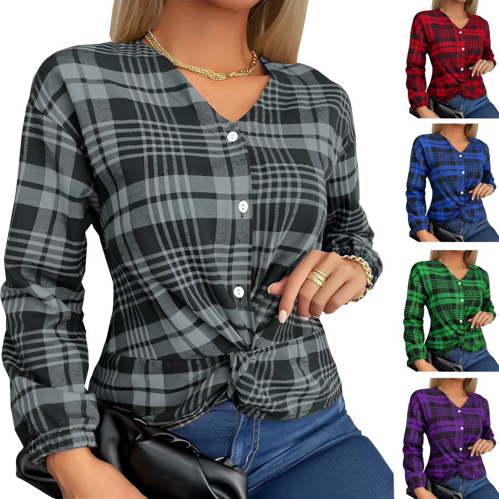 Women's purple plaid loose shirt with regular sleeves on hanger