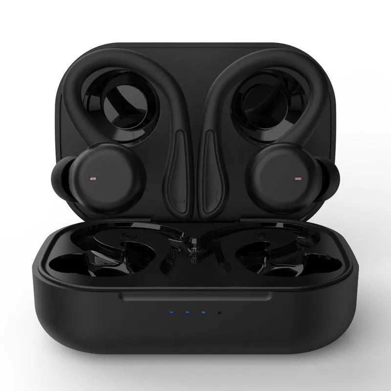 Noise-cancelling hanging ear sports earbuds in black with removable ear hooks and charging case.
