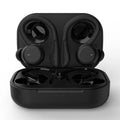 Noise-cancelling hanging ear sports earbuds in black with removable ear hooks and charging case.