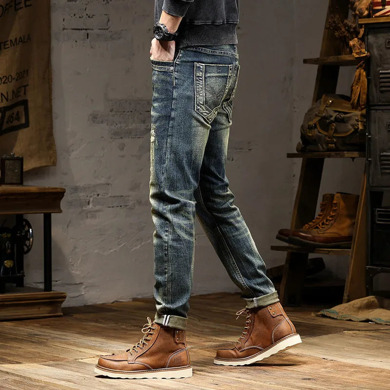Men's skinny fit jeans in retro colour with zip fly, shown flat and on model