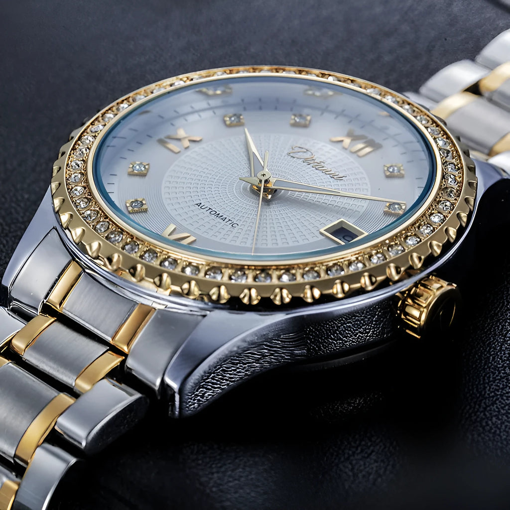 Fashionmonger men's automatic mechanical watch with luminous hands on a gold case with black dial.
