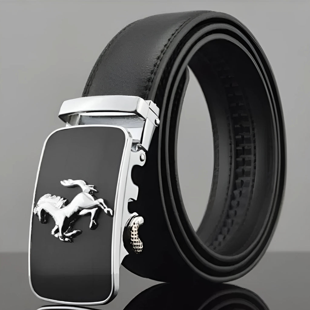 Men's black automatic buckle leather belt with 3.5cm width and adjustable length