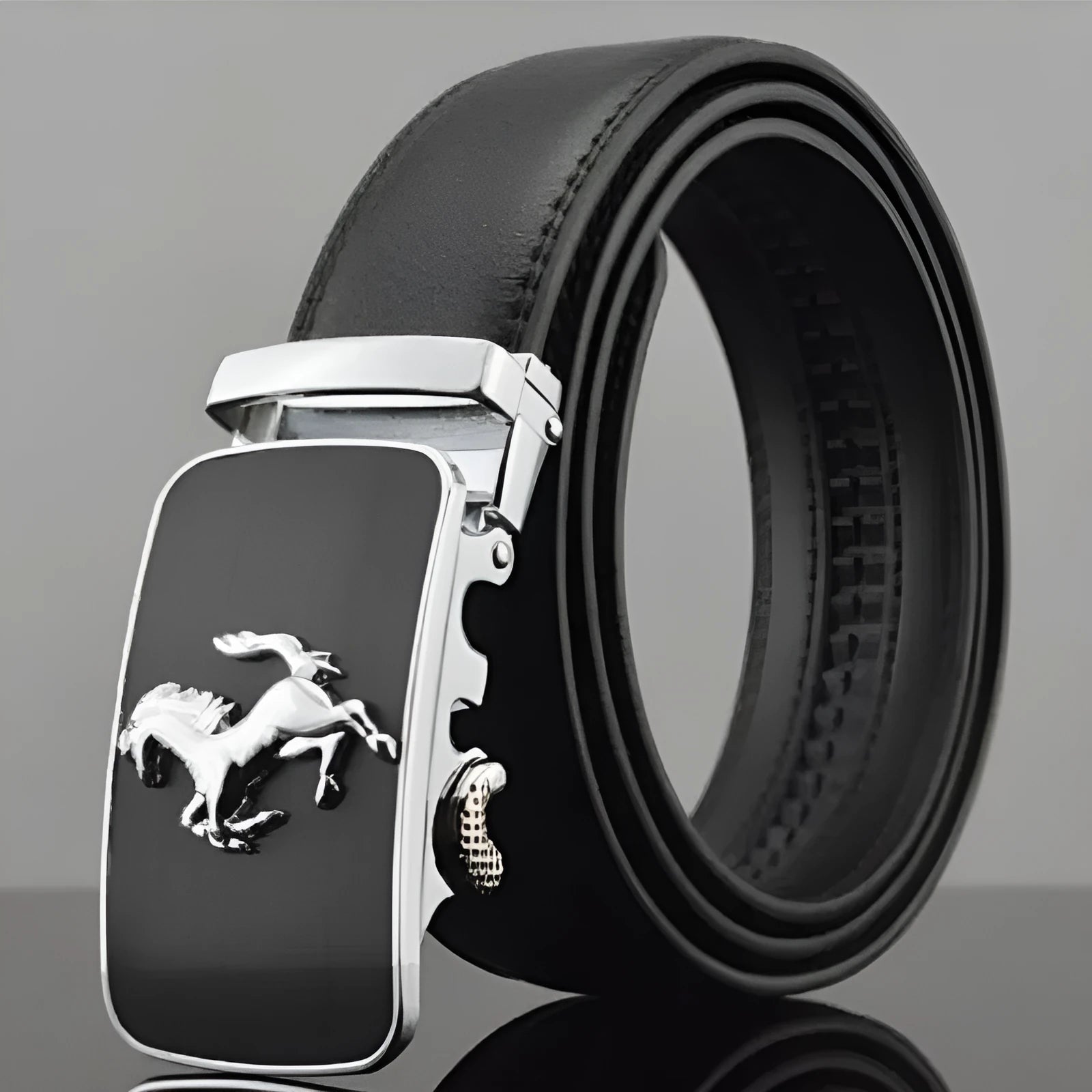 Men's black automatic buckle leather belt with 3.5cm width and adjustable length