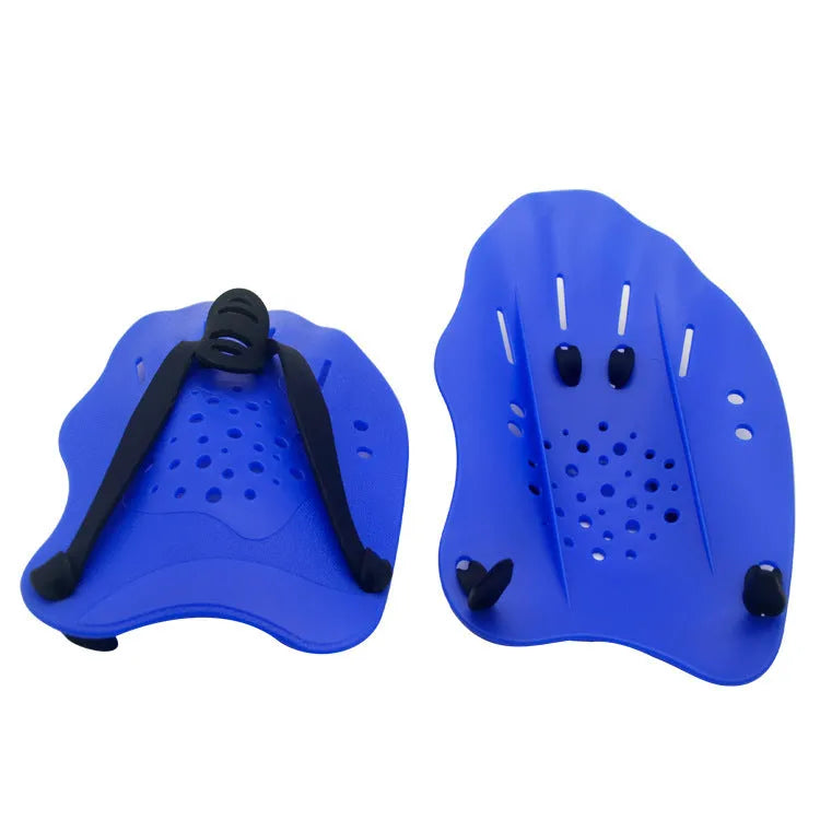 A pair of webbed swim training hand paddles for freestyle stroke, shown in various colours.