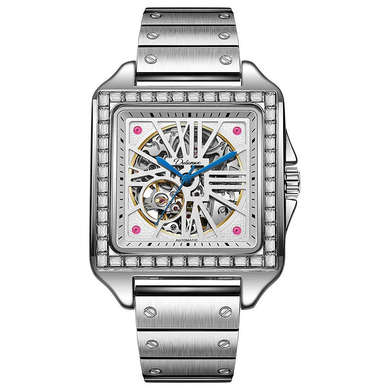 Square automatic watch for men with diamonds on dial, on black steel bracelet