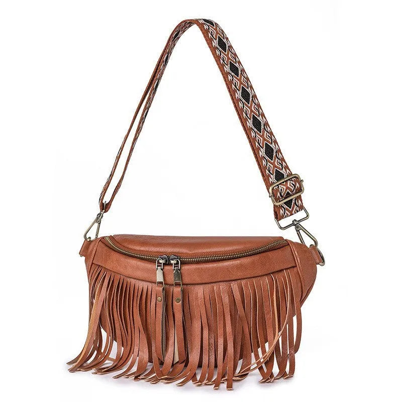 European retro messenger bag with tassel pleating in macaron grey colour showing organisational compartments