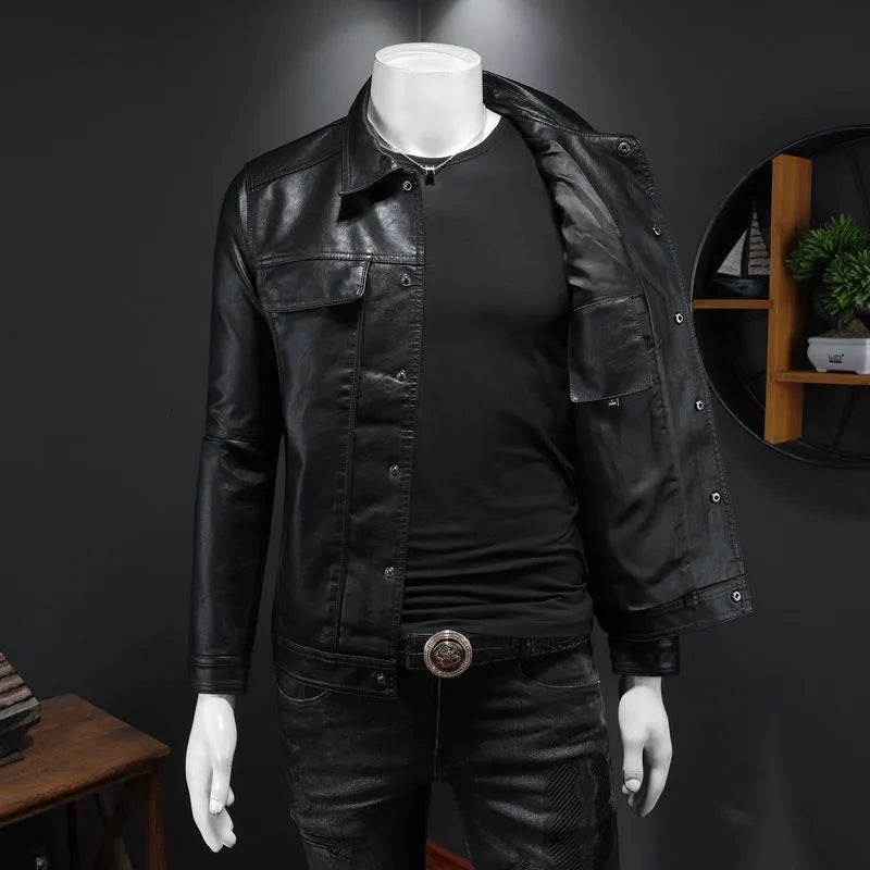 Men's long-sleeved lapel motorcycle PU leather coat in black, regular fit with bag cover slit pockets