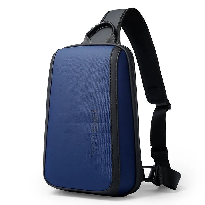 Blue men's oxford cloth chest bag with shoulder straps and a soft handle, showing front view.