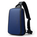 Blue men's oxford cloth chest bag with shoulder straps and a soft handle, showing front view.