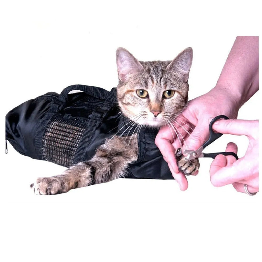 Black anti-scratch cat cleaning bag made from 420D PU Oxford fabric showing folded and expanded states
