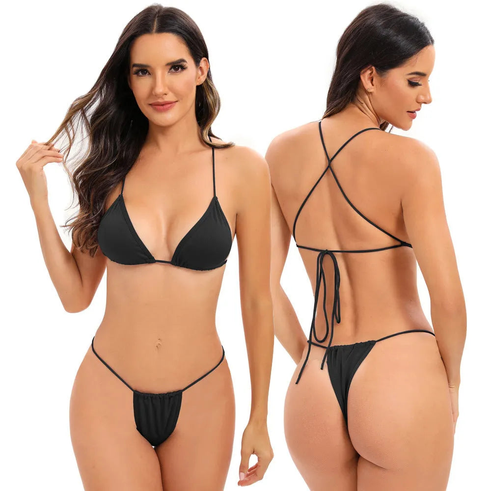 Women's candy coloured cross strap bikini swimsuit on a mannequin, showing the multi-strap design on the briefs.