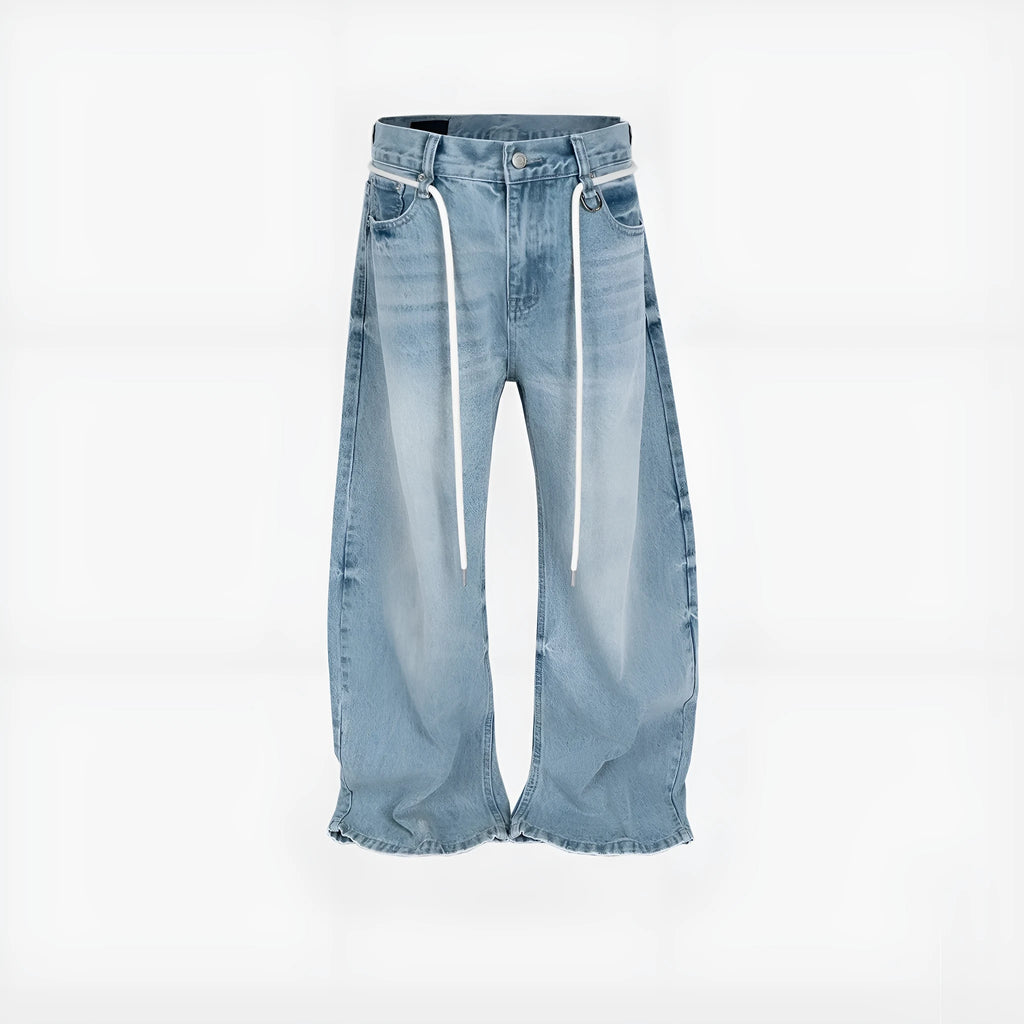 Blue vintage washed straight-leg denim trousers with drawstring waistband and zipper fly