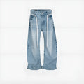 Blue vintage washed straight-leg denim trousers with drawstring waistband and zipper fly