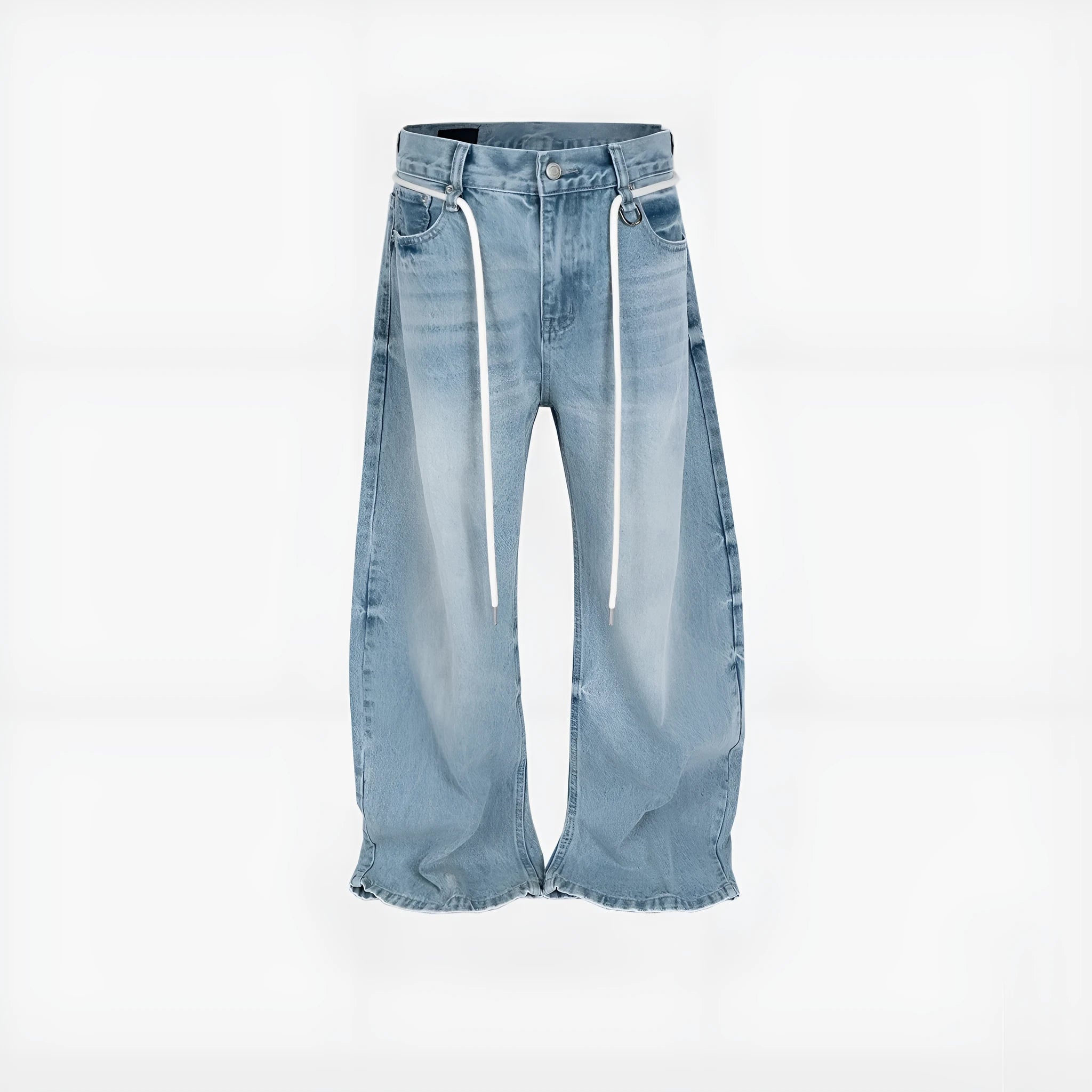 Blue vintage washed straight-leg denim trousers with drawstring waistband and zipper fly