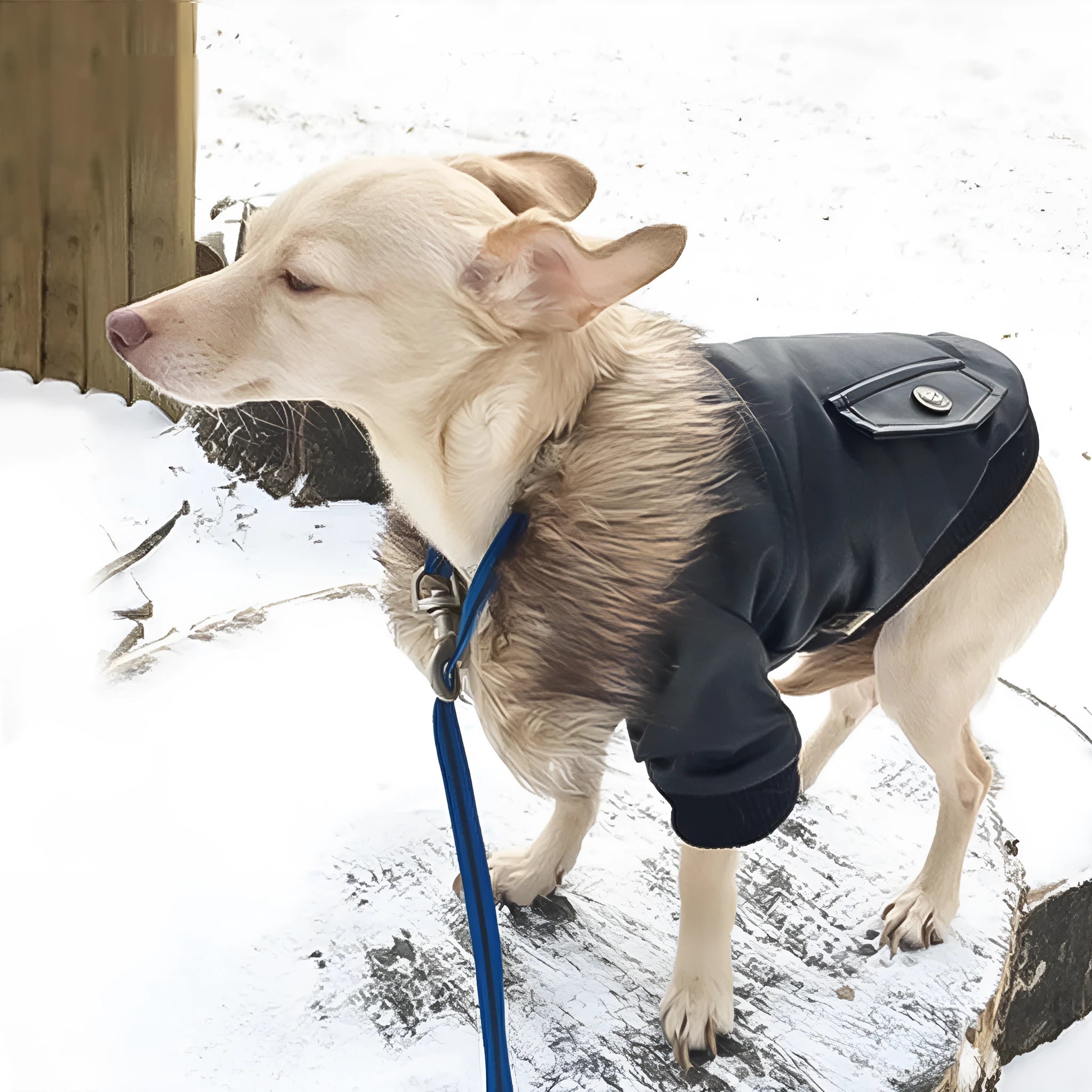Leather dog coat with fur collar in British style, shown in black and wine red colour options