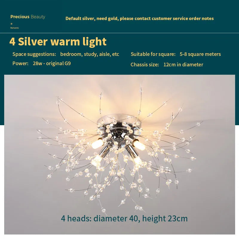 Dandelion crystal ceiling lamp with chrome finish and four light heads, 40cm diameter
