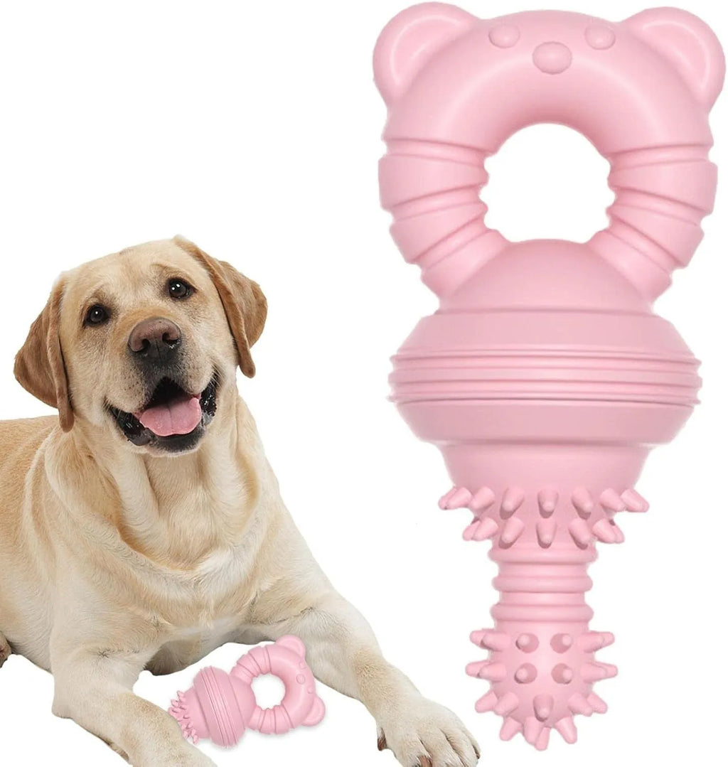 Blue rubber dog chew toy with textured surface for teeth cleaning, 13.5cm long