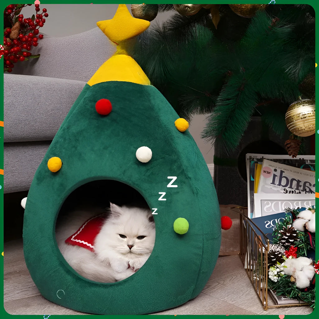 Plush Christmas-themed cave-style pet bed for cats and dogs with a washable cover
